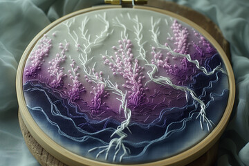 beautiful colored embroider plants with fog in a hoop