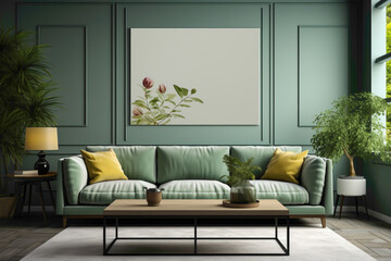 Immerse yourself in sophistication with a soft color green sofa and a chic table in a living room framed against an empty canvas, ready for your creative text.