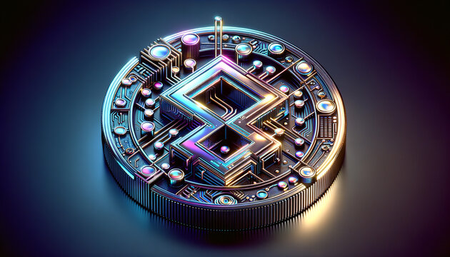 Abstract geometric representation of crypto staking mechanism with iridescent metallic textures.