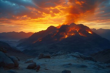 Mount sinai enveloped in divine fire Depicting the power and holiness of god