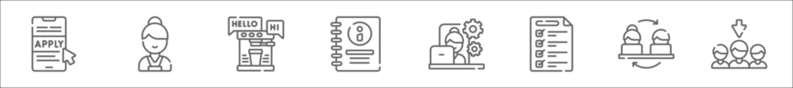 Outline Set Of Onboarding Line Icons. Linear Vector Icons Such As Apply, Employee, Introduction, Information, Onboarding, Requirement, Onboarding, New Hire