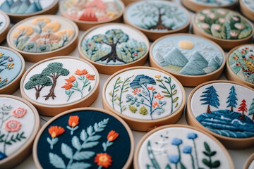 Fototapeta na wymiar hoop with beautiful flowers and trees embroidery