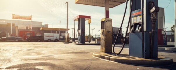Oil pump and nozzles at the gas station - obrazy, fototapety, plakaty