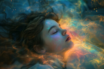 Girl is sleeping and experiencing lucid dream