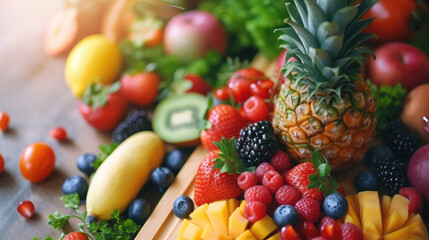 A vibrant display of assorted fresh fruits and berries, including strawberries, blueberries, and pineapple, showcasing natural sweetness and variety.