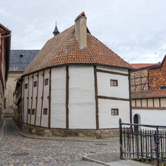 Historic half-timbered house, UNESCO World Heritage Site and half-timbered museum in Quedlinburg, Saxony-Anhalt, Germany