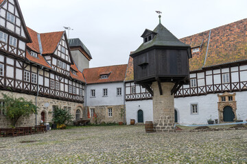 Historic half-timbered houses and pigeon house in Quedlinburg, Saxony-Anhalt, Germany