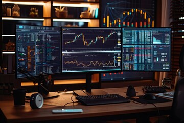 Fototapeta premium Trading Station Setup with Multiple Computer Screens Displaying Financial Data