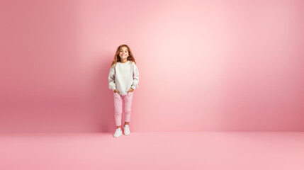 Young Girl in White Sweater and Pink Pants with White Sneakers on Pink Gradient Background