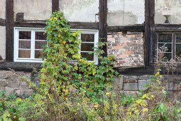 Detail of an old, dilapidated half-timbered house in Quedlinburg