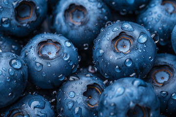 background from fresh blueberry in drops. Texture blueberry berries close up