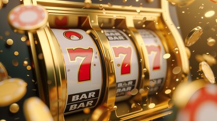 slot machine showing 777 with flying golden cons and confetti, casino, gambling and winning concept