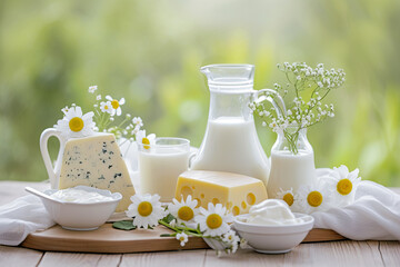 Composition of artistic arrangement with different dairy products cheese and milk, June, National Dairy Month