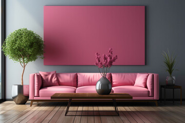 Picture a contemporary living room adorned with a dark pink sofa and a stylish table, framed by an empty canvas for text customization.