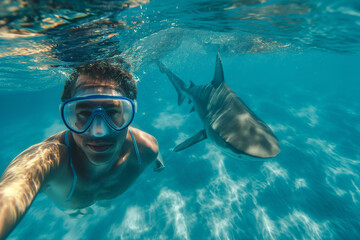 Man taking a selfie underwater with a shark in the background