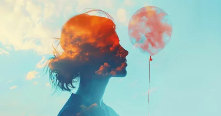 Double exposure of a businesswoman holding a balloon and a cloud.  © byerenyerli