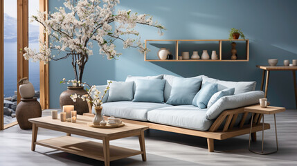 A chic Japandi-style sofa in a serene blue interior, surrounded by carefully chosen decor elements that enhance the minimalist aesthetic.