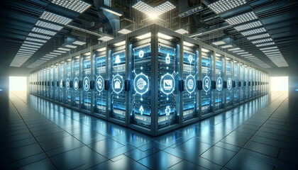 Futuristic high-performance computing environment with sleek servers and minimalist digital interface.