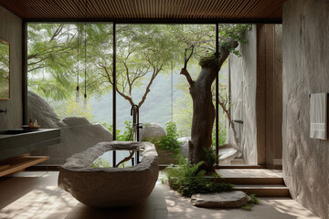 Bathtub made of natural stone in the bathroom with many plants, bathroom interior in the house