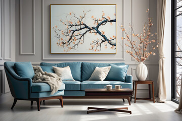 Visualize the charm of a cozy modern living room with a cute blue loveseat sofa or snuggle chair, complemented by a pot holding a branch against a clean white wall.