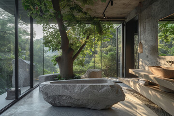 Bathroom interior with natural stone bathtub and plants