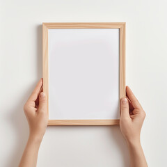 woman hands holding a light wooden vertical a4 sized frame mockup in a white themed room