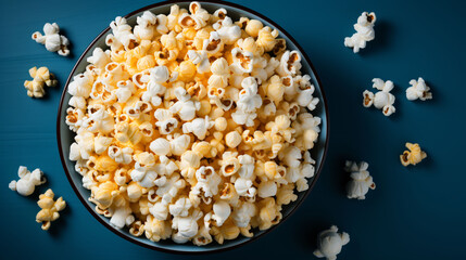 Heap of popcorn in black bowl on bright blue background. 