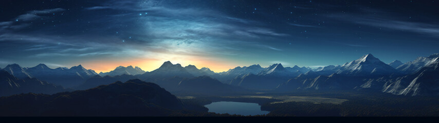 panoramic view of the sunrise over the mountains, background with a size ratio of 32:9 - obrazy, fototapety, plakaty