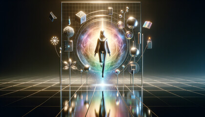 Futuristic Dropout: Iridescent Metallic Figure Breaking Free