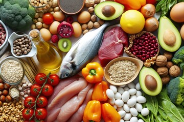 Food pyramid: Top view of various kinds of multicolored food types like meat, seafood, honey, eggs, fish, cocoa beans, olive oil, legumes 