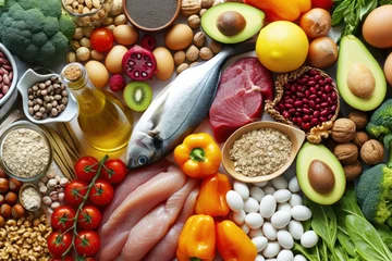  Food pyramid: Top view of various kinds of multicolored food types like meat, seafood, honey, eggs, fish, cocoa beans, olive oil, legumes  © Straxer