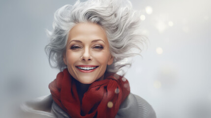 Elderly Woman with Stylish Grey Hair and a Warm Red Scarf Beaming with Happiness