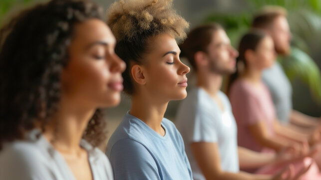 group of men and women participating in a meditation session in a mental wellness program for mindfulness in life.