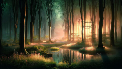 woods, fog, sun, grass, plants, atmospheric, sun rays, river, beautiful, nature, wallpaper, windows, desktop
