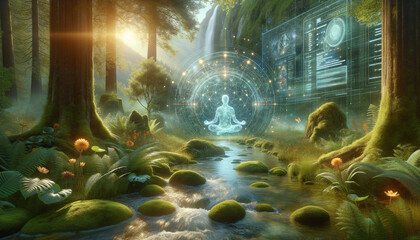 Digital Wisdom: Meditating figure in a serene forest with holographic data catalog interface.