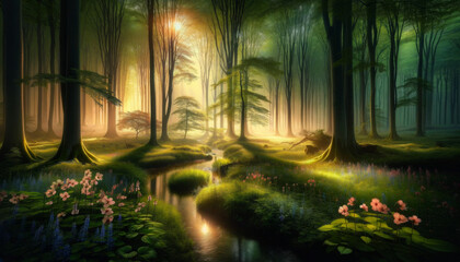 woods, fog, sun, grass, plants, atmospheric, sun rays, river, beautiful, nature, wallpaper, windows, desktop
