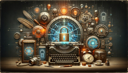 Vintage-inspired data encryption artwork with intricate details and rich textures.