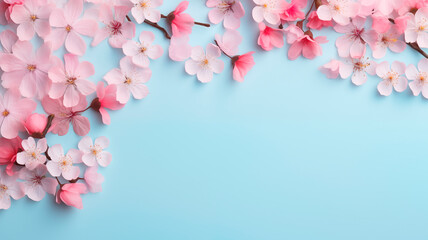 Soft pink flowers on a blue background. Spring background, flowers, top view with copy space. Natural background