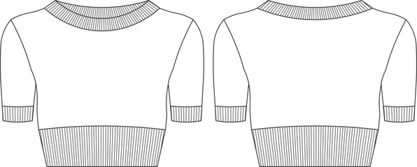 ribbed round neck crew neck short sleeves cropped crop blouse sweater template technical drawing flat sketch cad mockup fashion woman design style model
