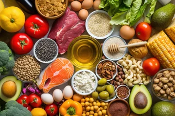 Fotobehang Food pyramid: Top view of various kinds of multicolored food types like meat, seafood, honey, eggs, fish, cocoa beans, olive oil, legumes © Straxer