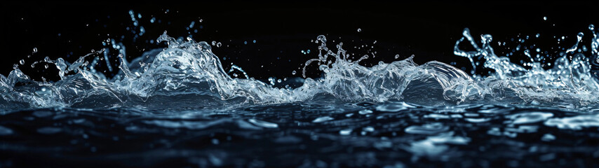panorama of water splashes on a black background - obrazy, fototapety, plakaty