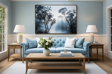 Picture the soothing ambiance of a living room featuring light blue and aqua sofas with a wooden table. Visualize an empty frame on the wall.