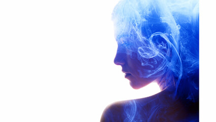 Freedom mind. Inner peace. Soul wellbeing. Double exposure of sensual woman portrait silhouette blue ink water smoke flow isolated on white background empty space.