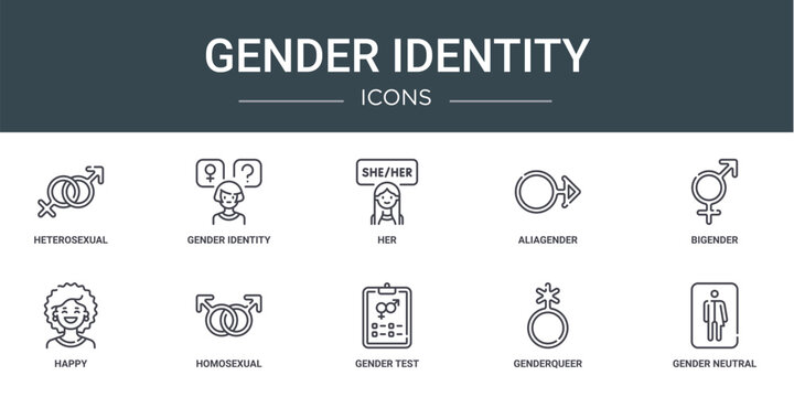 set of 10 outline web gender identity icons such as heterosexual, gender identity, her, aliagender, bigender, happy, homosexual vector icons for report, presentation, diagram, web design, mobile app