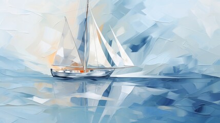 Ethereal watercolor: a sail gracefully sails in blue sea fog - a cubist abstraction with muted colors, an ode to art and nature.