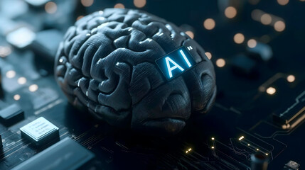 Concepto de la integración de inteligencia artificial en el mundo actual  a través de una imagen de un cerebro humano en lugar de un procesador en una placa de un ordenador. - obrazy, fototapety, plakaty