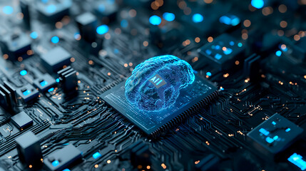 Concepto de la integración de inteligencia artificial en el mundo actual  a través de una imagen de un cerebro humano en lugar de un procesador en una placa de un ordenador.
