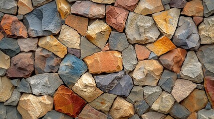 Multicolored stone wall mosaic exhibits a symphony of textures and a rich geological history.