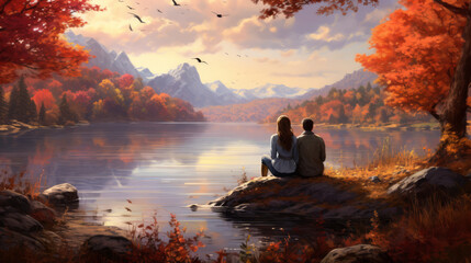 Couple Enjoys a Lakeside Retreat Amidst Vibrant Foliage