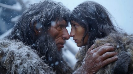 Prehistoric Couple's Love  in Snowfall